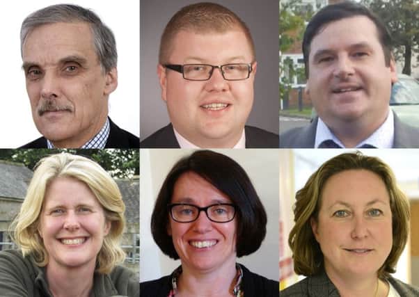 The candidates for the Berwick-upon-Tweed constituency at the 2015 General Election: Nigel Coghill-Marshall (Ukip), Scott Dickinson (Lab), Neil Humphrey (English Democrats), Julie Porksen (Lib Dem), Rachael Roberts (Green) and Anne-Marie Trevelyan (Con).