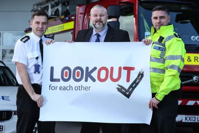 Launching the Look Out for Each Other Campaign are (from left) County Durham and Darlington Fire and Rescue Service Community Safety Manager Andrew Allison, Chairman of Road Safety GB North East Paul Watson, and Inspector Mick Jackson, from Cleveland and Durham Police Special Operations Unit.