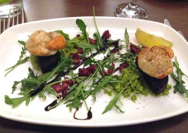 Capesante (seared scallops and black pudding) starter at Insieme Italian restaurant in Seahouses.