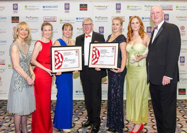 Award-winners Jeff and Jill Sutheran, Hannah Sutheran and Abi Sutheran, being presented with their awards by Penelope Viscountess Cobham, chair of VisitEngland, and Joss Croft, director of marketing for VisitBritain, with Jude Leitch, director of Visit Northumberland.