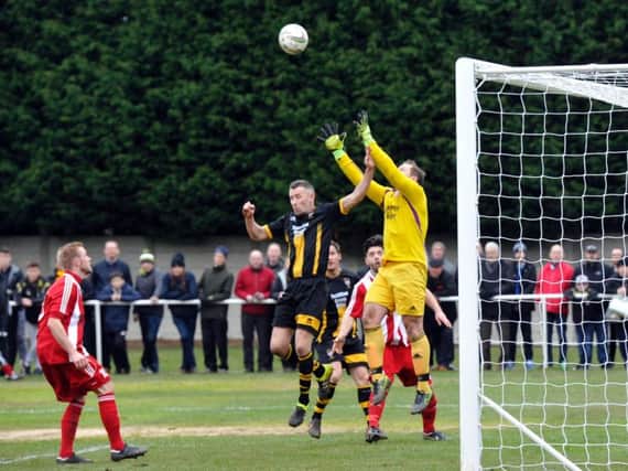 Action from Morpeth Town v Bowers and Pitsea at Craik Park this afternoon in the FA Vase semi-final second leg. Picture by Jane Coltman.