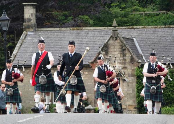 Robson Green joins Rothbury Highland Pipe Band. Picture courtesy of ITV