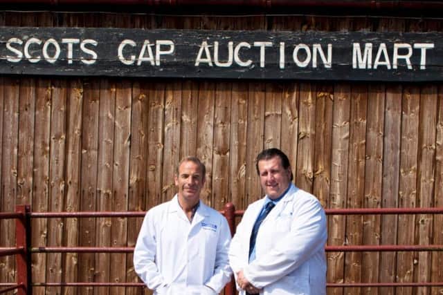 Robson Green with Chris Armstrong at Scots Gap Auction Mart. Picture courtesy of ITV