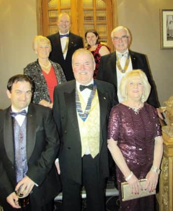 Alnwick Lions President David Knowles, JP, with his wife Carol and Lion Steven Farrell-Knowles with Rotary President Brian Ellis and his wife Pat, plus Round Table Chairman Gary Brown and his partner Antonia