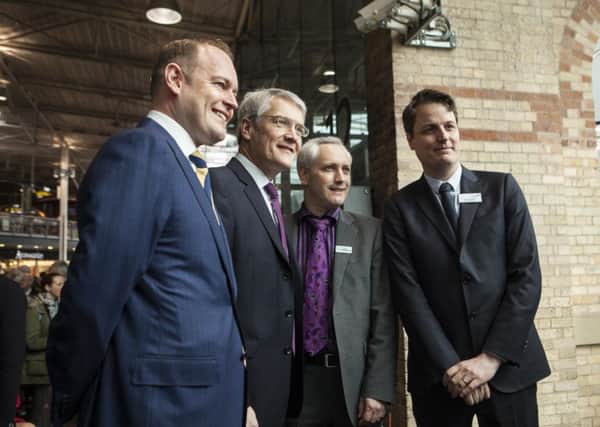 Pictured, from left, are Alex Hynes, managing director of Northern, transport minister Andrew Jones, David Hoggarth, Rail North director, and First TransPennine Express managing director Leo Goodwin. Picture by Antonio Olmos.