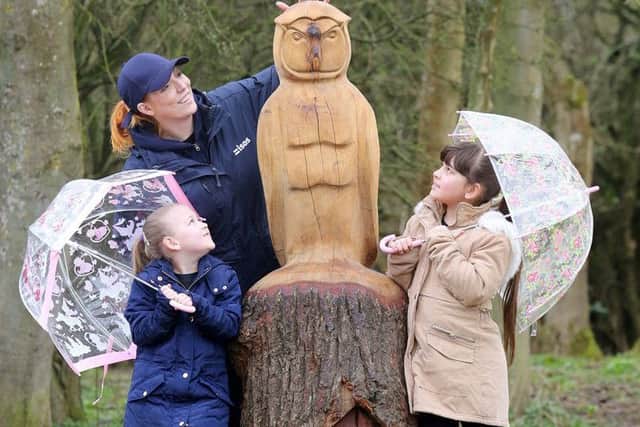 IsossÂ Mel Rees takes a closer look at the new Plessey Woods owl carving at the entrance to the art trail with visitors Sophie, left, and Grace Nicholas.