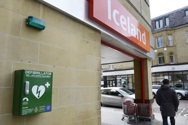 The defibrillator on the wall of the Iceland store in Alnwick.