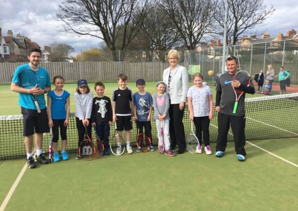 Cathie Sabin, president of the LTA, meets players and coaches on a visit to Cullercoats Tennis Club.