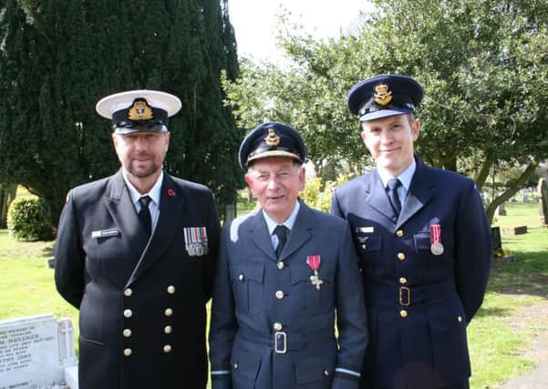 Newcastle President Air Commodore Ian Forster with Lieutenant Morris (New Zealand) and Flight Lieutenant Bruning (Australia).