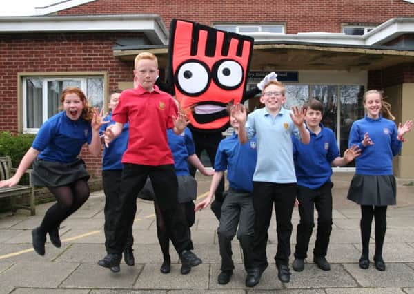 Children from Chantry Middle School and Newminster Middle School, with Strider, to promote this year's Walk to School.