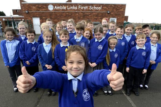 Pupils at Amble Links First School celebrate their Ofsted report.
Picture by Jane Coltman