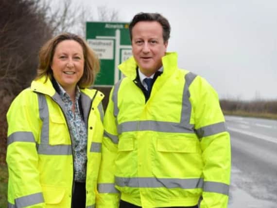MP Anne-Marie Trevelyan and Prime Minister David Cameron during his visit to Northumberland to announce funding for the A1 project.