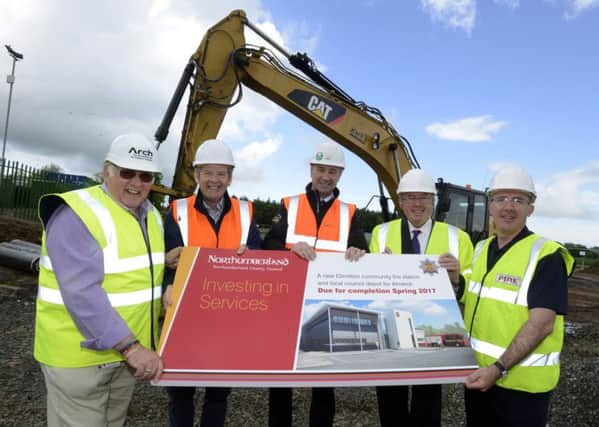 Coun Dave Ledger, Alnwick councillor Gordon Castle, Geoff Steele, from Esh Build,Coun Ian Swithenbank and Chief Fire Officer Alex Bennett at the site in Alnwick.
 Picture by Jane Coltman