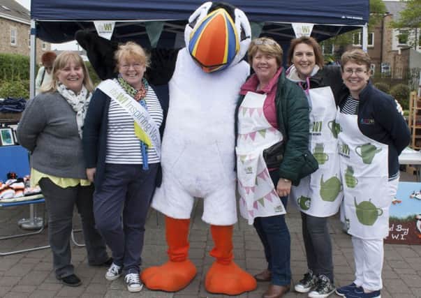 Mascot Tommy Noddy with members of Amble Women's Institute at this year's Amble Puffin Festival. Picture by Anna Williams/The Ambler