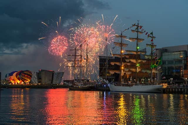 Cisne Branco and Gulden Leeuw at the fireworks display during the Tall Ships Races 2015 in Belfast. Picture by Sail Training International/onEdition.