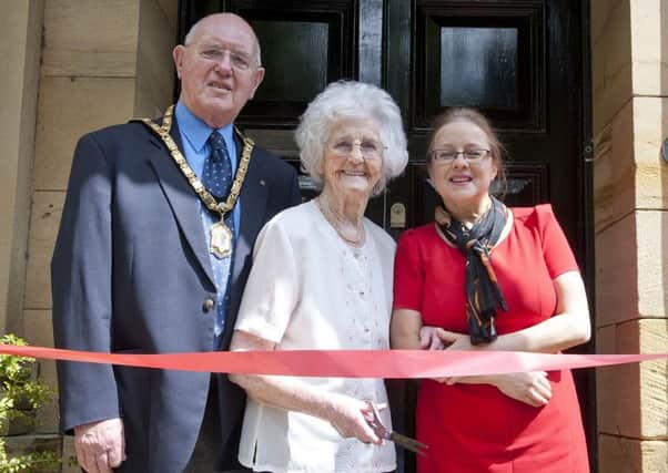 From left, Alan Symmonds, Mayor of Alnwick, resident Alice Aubrey and Chris Anderson, home manager.