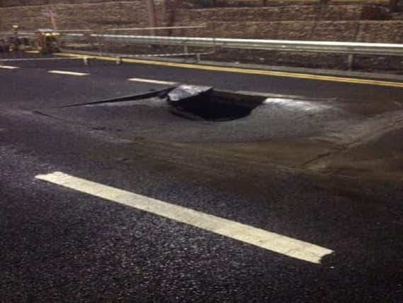 The hole that appeared in the A1 northbound carriageway last night.
