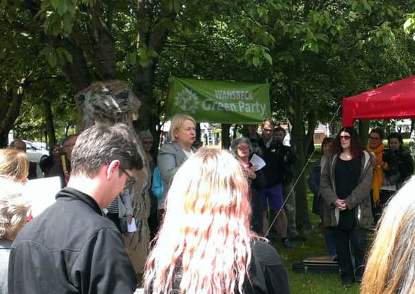 Green Party leader Natalie Bennett speaking at the protest outside County Hall earlier this afternoon.