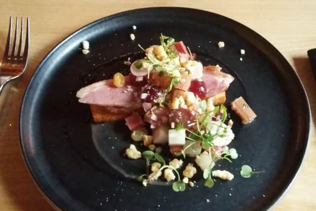 Home-smoked duck breast, pickled rhubarb compote and toasted brioche (Â£6.95).