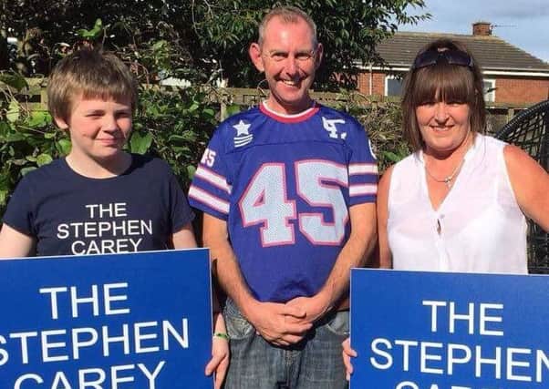 From left: Stephen Careys younger brother James Bowman, with fund-raiser Chris Gent and Wendy Baston. Chris, who lost his father on Christmas Eve 2015, has raised Â£435 for The Stephen Carey Fund.