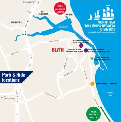 The locations of the Park and Ride schemes for the Blyth Tall Ships Regatta.