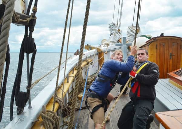Robson Green  is shown the ropes on board the Haabet. Picture by Shiver Productions