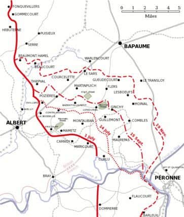 A map showing the different phases of the Battles of the Somme.