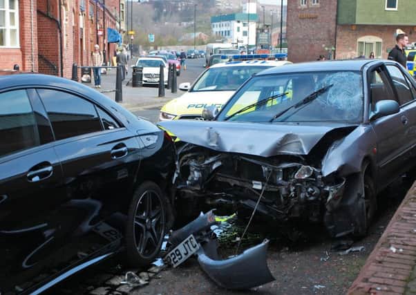 The aftermath of the police chase which saw the car crash into a Mercedes on North Shields Fish Quay. Picture by Adrian Don.