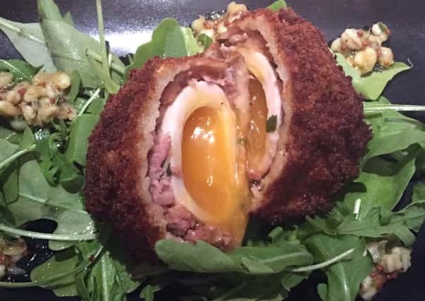 Venison scotch egg, with a pearl barley dressing, starter at the William de Percy Inn and Creperie, Otterburn.
