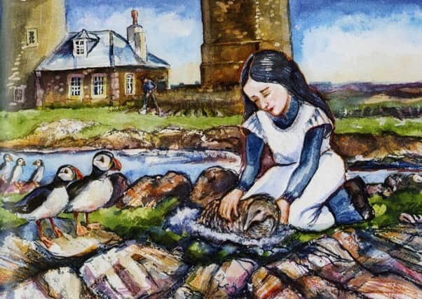 Grace strokes an eider duck on Brownsman Island. Illustrated by Moira Pagan