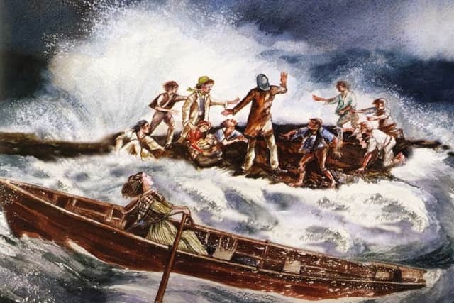 William helps the survivors while Grace keeps the coble off the rocks. Illustrated by Moira Pagan