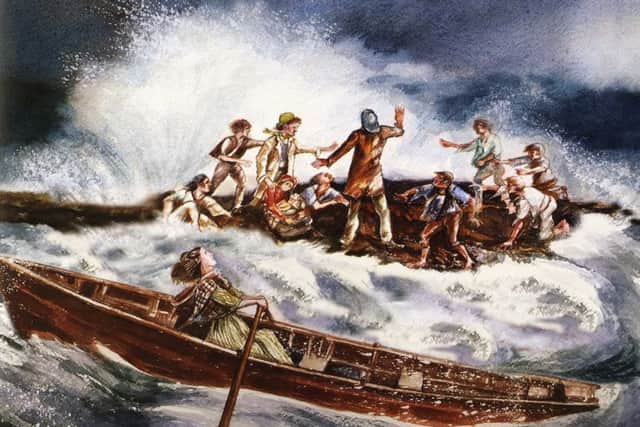 William helps the survivors while Grace keeps the coble off the rocks. Illustrated by Moira Pagan