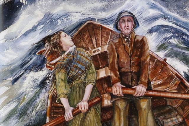 William and Grace fight the waves. Illustrated by Moira Pagan