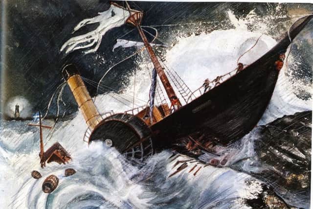 The Forfarshire wrecks on Harcar Rock. Illustrated by Moira Pagan