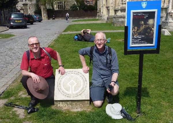 Rev Tim Thorpe, left, and his friend Chris by Canterbury Cathedral at the start of their Via Francigena journey.