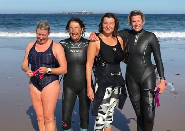 From left, Sylvia Bland, Jill Henderson, Jane Hardy and Claire Thorburn, who swam from Inner Farne to Bamburgh in one hour.