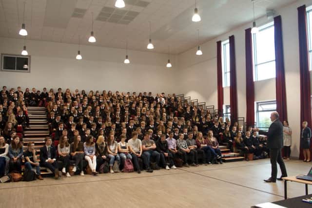 Headteacher Maurice Hall addresses the assembly halll at the new Duchess's Community High School in Alnwick.