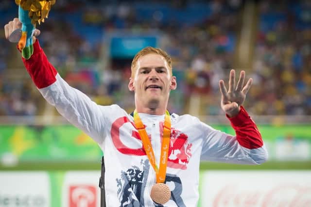 Field athlete Stephen Miller, from Cramlington, celebrates winning a bronze medal in the F32 club throw competing for ParalympicsGB at the Rio Paralympic Games 2016. Picture by onEdition