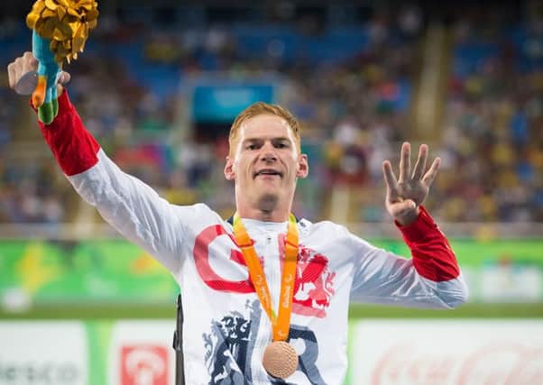 Field athlete Stephen Miller, from Cramlington, celebrates winning a bronze medal in the F32 club throw competing for ParalympicsGB at the Rio Paralympic Games 2016. Picture by onEdition