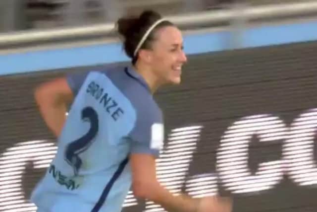 Lucy Bronze celebrates her goal on the BT Sport coverage, which it tweeted.