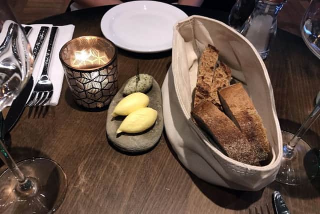 Bread basket with butter, including seaweed butter, at the Jolly Fisherman at the Quayside, Newcastle.