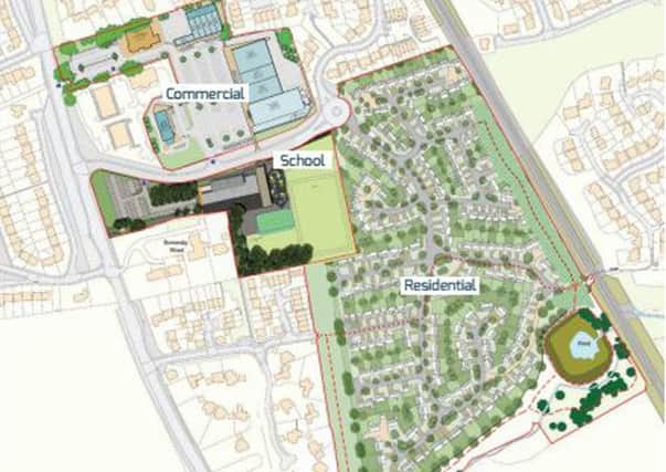 The masterplan for the County Hall, former fire station and Merley Croft sites. The road in light grey on the left is the A197 and the railway line is in dark grey on the right.