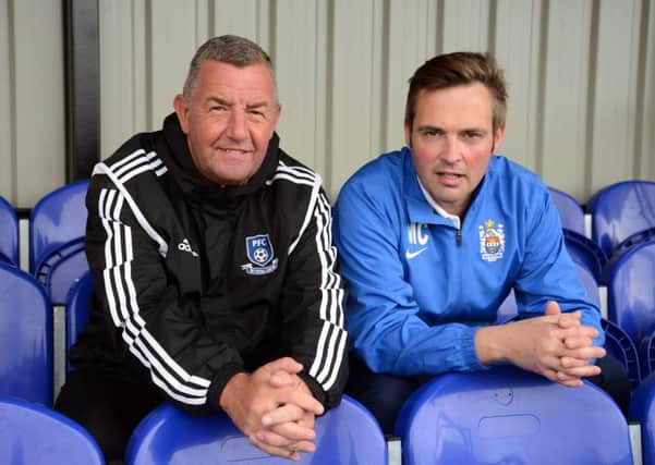 New Blyth Town FC head coach Doug Thorburn, left, with first team manager Mick Connor.