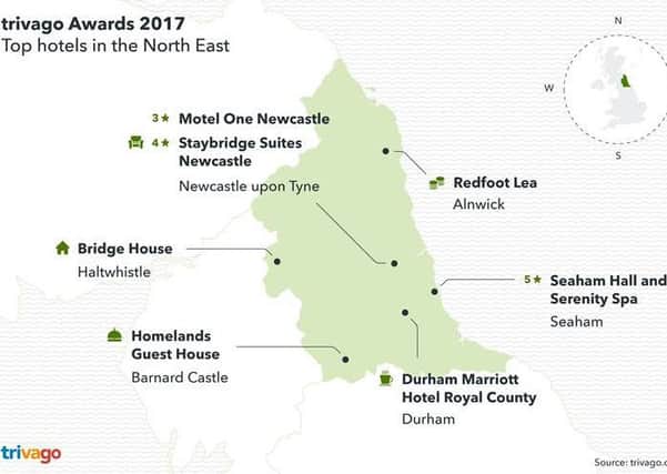 A map showing the Best Hotels in the North East at the trivago Awards 2017.