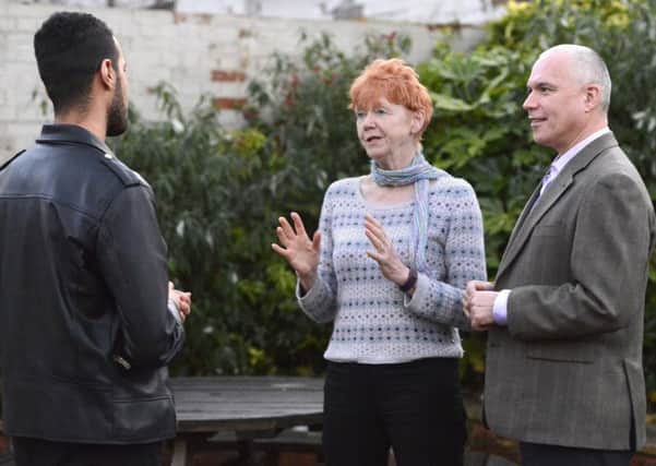 Northumbria PCC Vera Baird and Richard Bliss, of NDAS, chat to service user Joseph. Picture by Jane Coltman