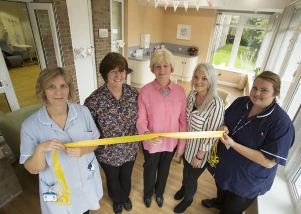 Emma and Pamela Sutton at the official opening of the revamped conservatory at Alnwick oncology unit with oncology nurses Catherine Johnstone, Gillian Thorne (left) and Lara Brinskey (right).