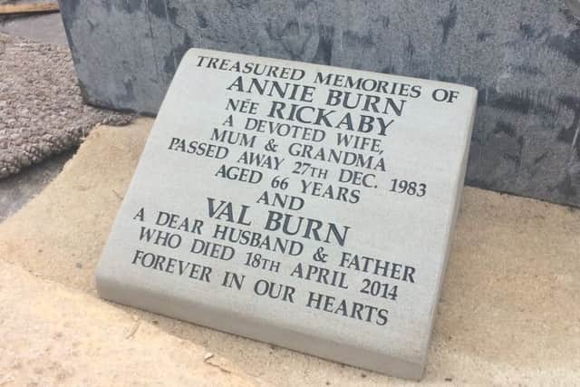 The plaque in memory of Val and Annie Burn.