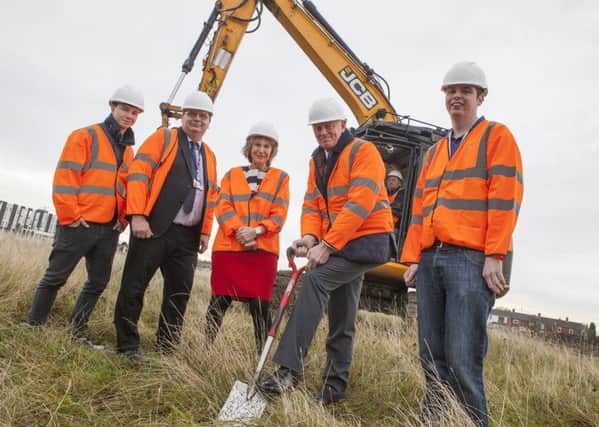 From left: Northumberland College student Ben Wilkinson, Principal and CEO, Marcus Clinton, Chairman of Governors Jacqui Henderson CBE, North East LEP Board Member David Land and student Lewis Mortimer marking the first dig in the ground on the Â£2.5million STEM Centre site.
