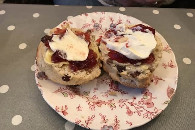 Fruit scone, with jam and cream applied by the reviewer