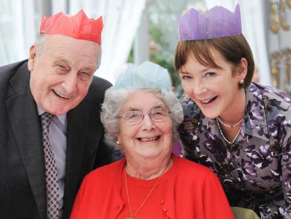 Sir John Hall and the Duchess of Northumberland with Margaret Mackichan at the Elderberries Christmas Lunch at The Alnwick garden.
 Picture by Jane Coltman